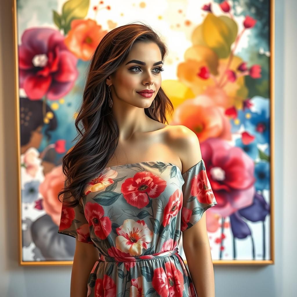 Brunette in Floral Dress at Art Gallery