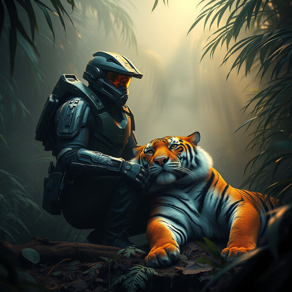 Spartan and Tiger in Jungle Landscape