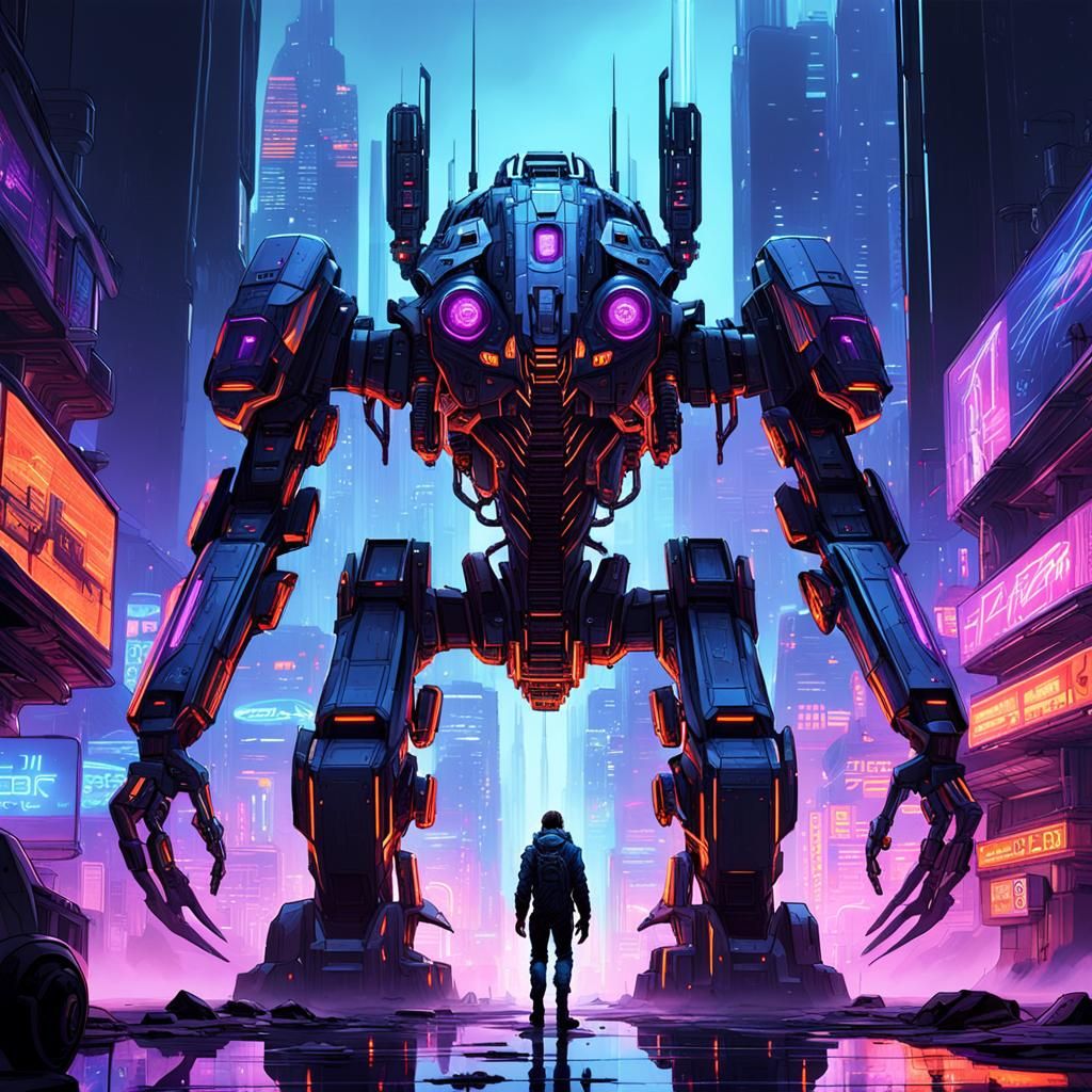 Cyberpunk Mech in Futuristic Cityscape