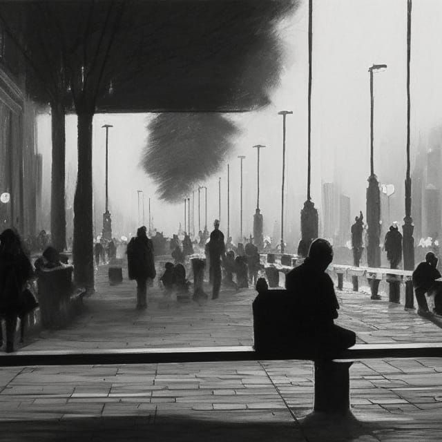 Solitary Figure in Urban Scene: Charcoal Drawing