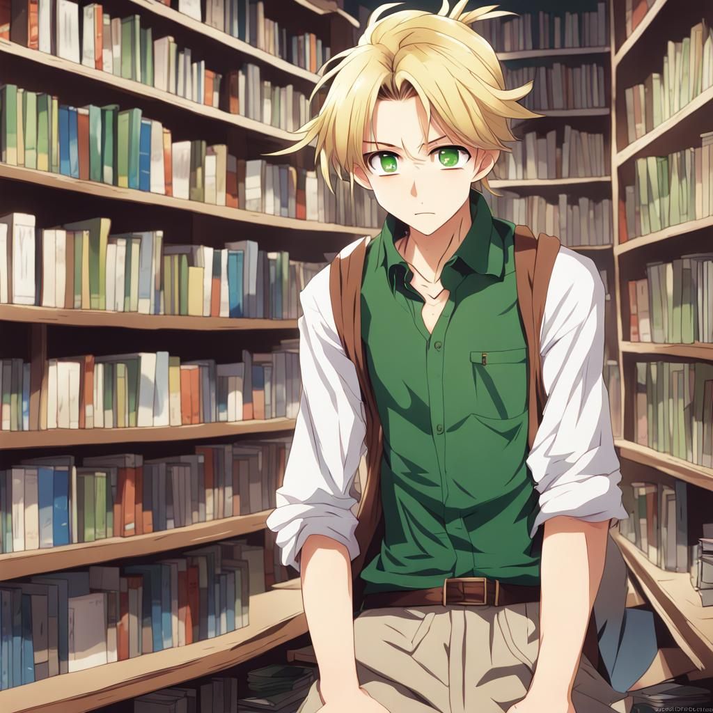 Boy Tripping in Library, Anime Key Visual Style
