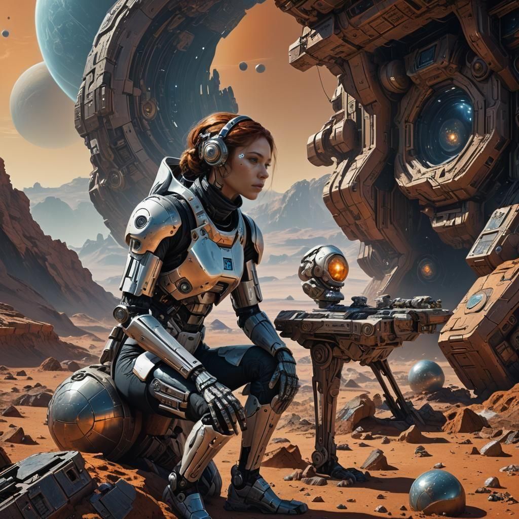 Hyperrealistic Cyborg Explorer on Alien Planet