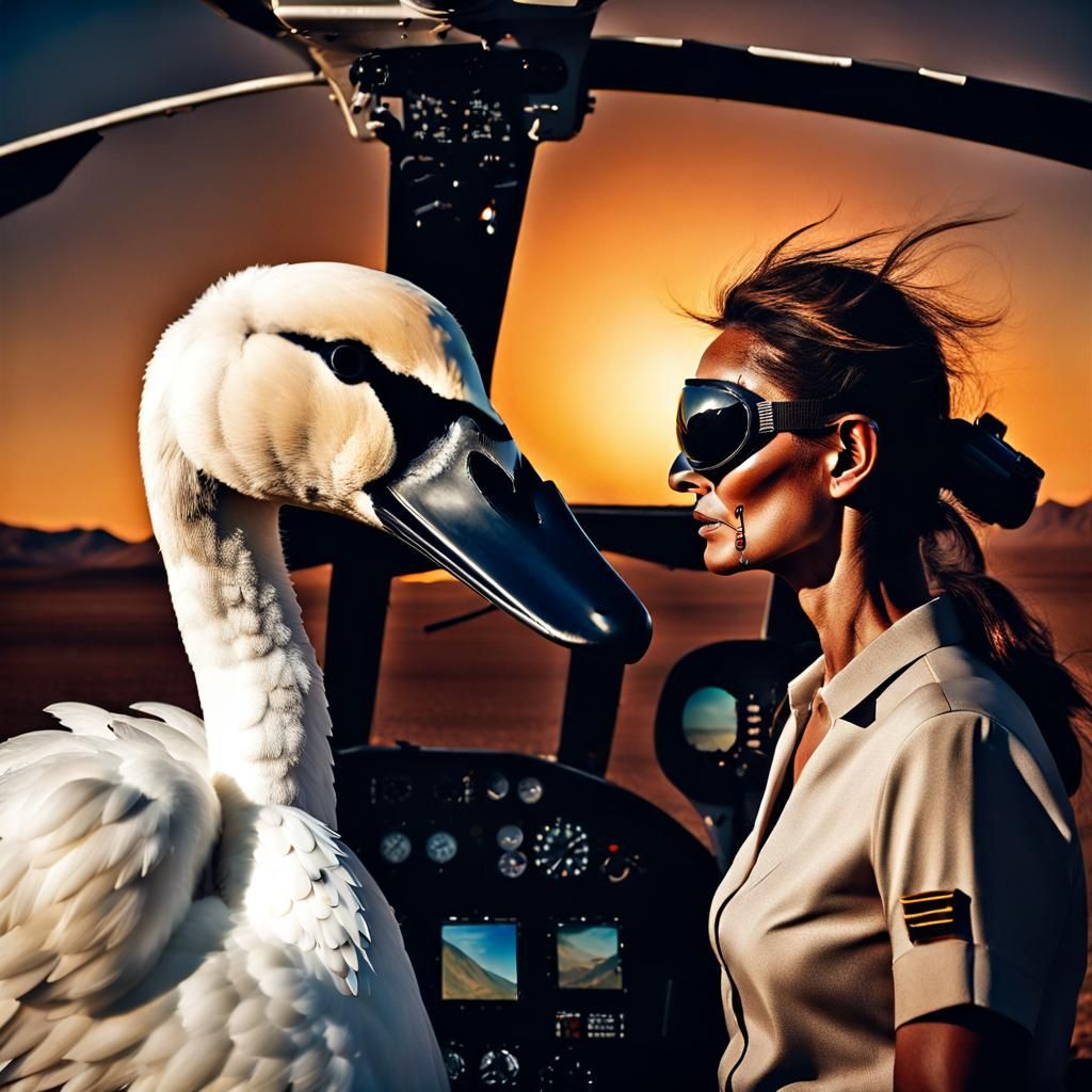 Woman in Swan Mask in Desert Sunset