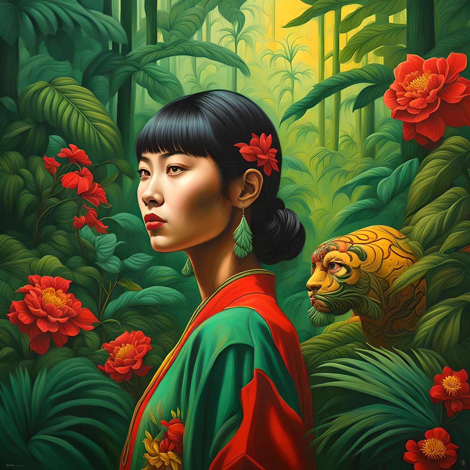 Chinese Girl Portrait in Jungle, Tretchikoff Style