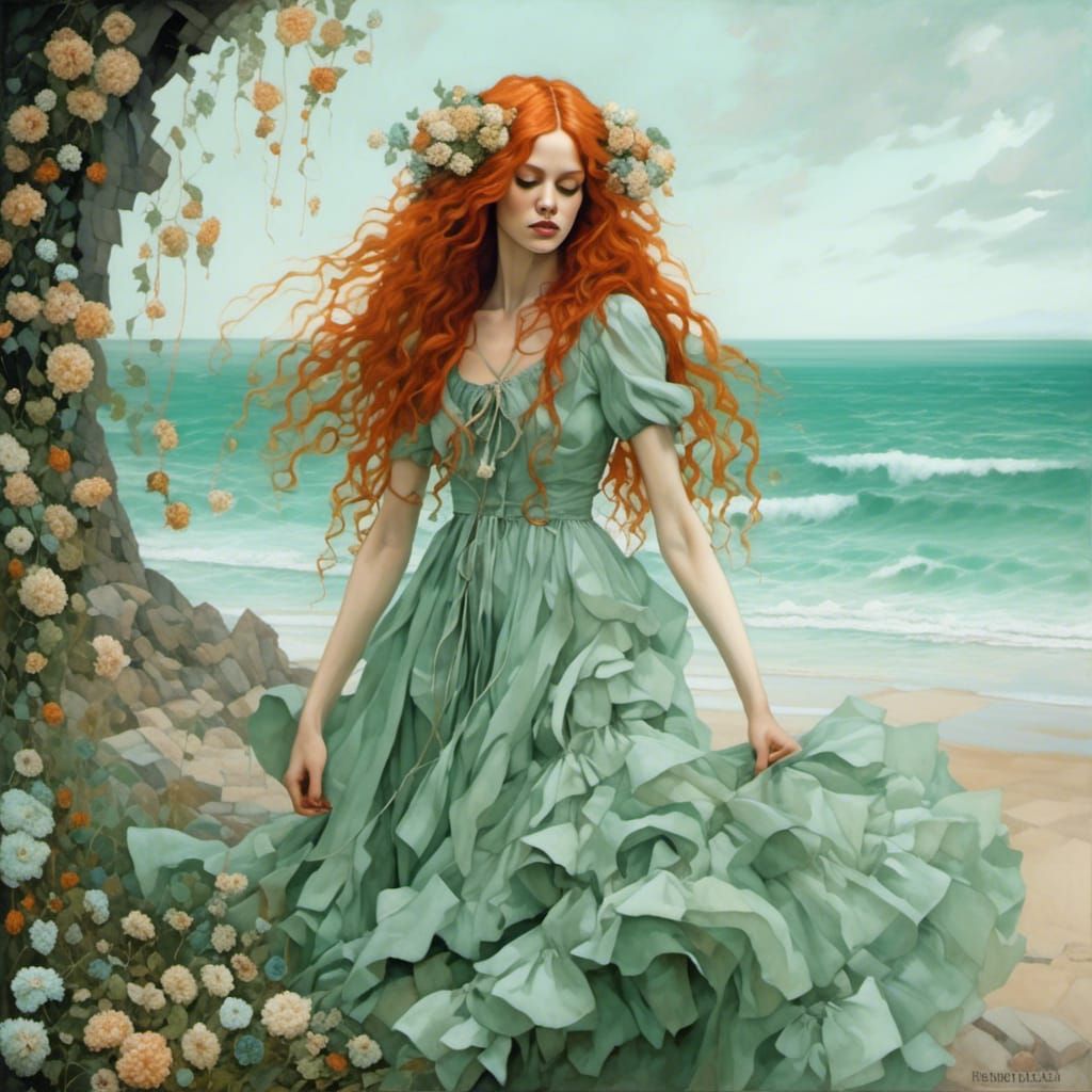 Freckled Ginger Girl in Seafoam Green Dress