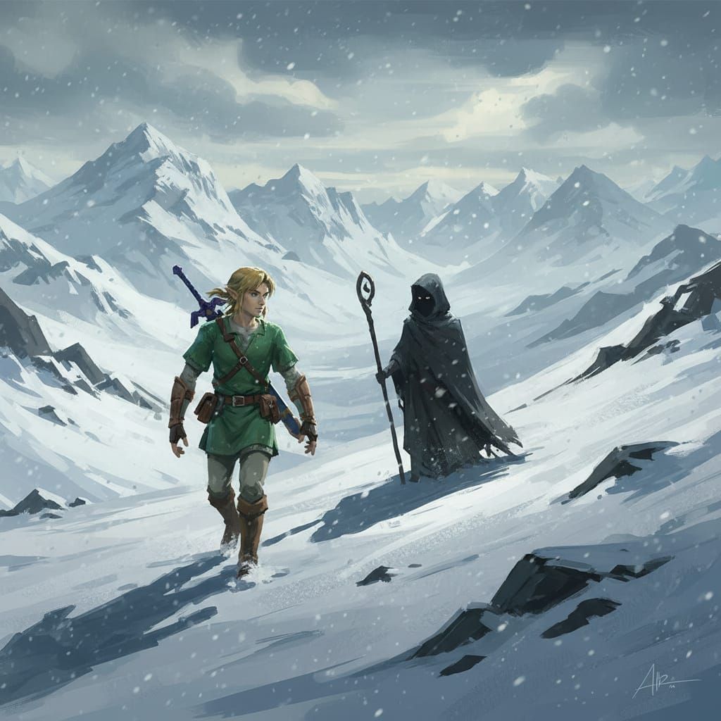 Link Confronts Mysterious Traveler in Snowy Mountains