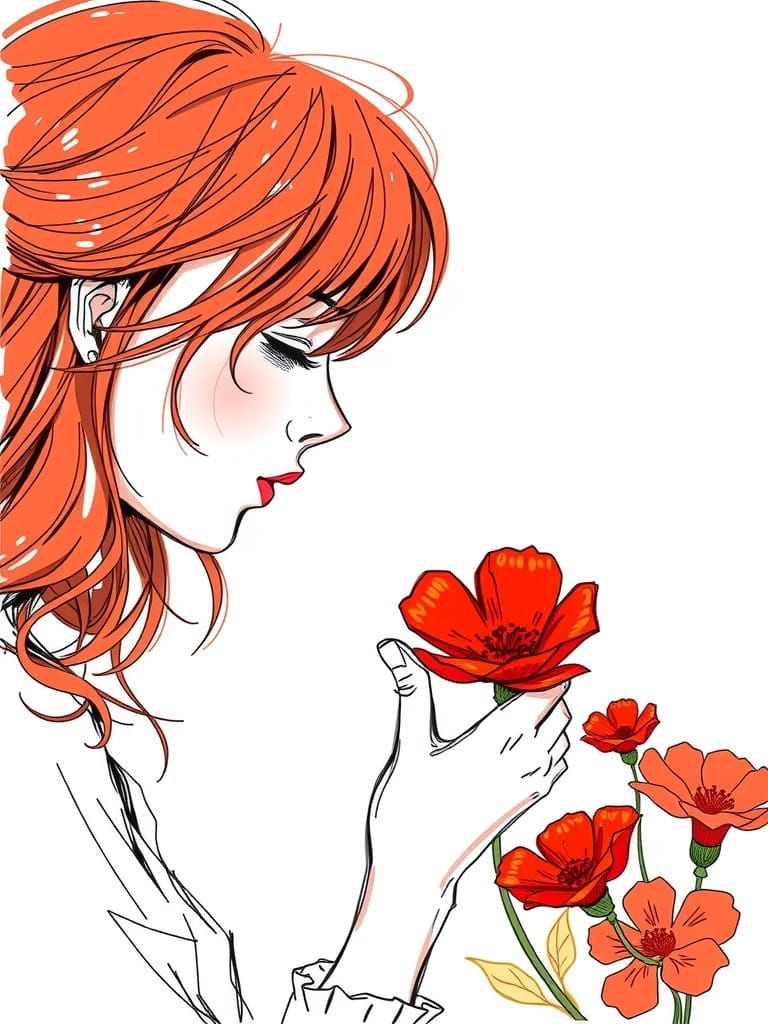 Woman Smells a Red Flower in a Romantic Sketch