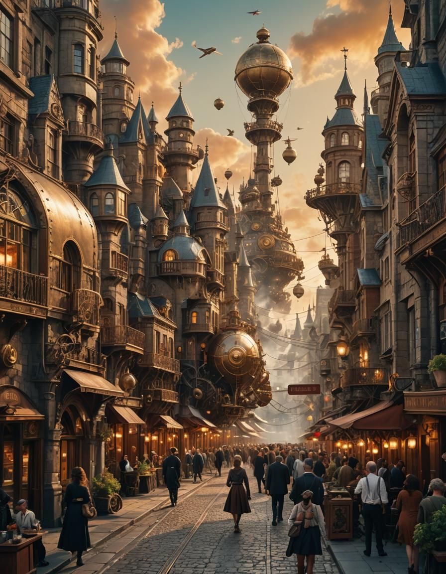 Steampunk Cityscape Sunset: A Hyperdetailed Fairytale Illust...