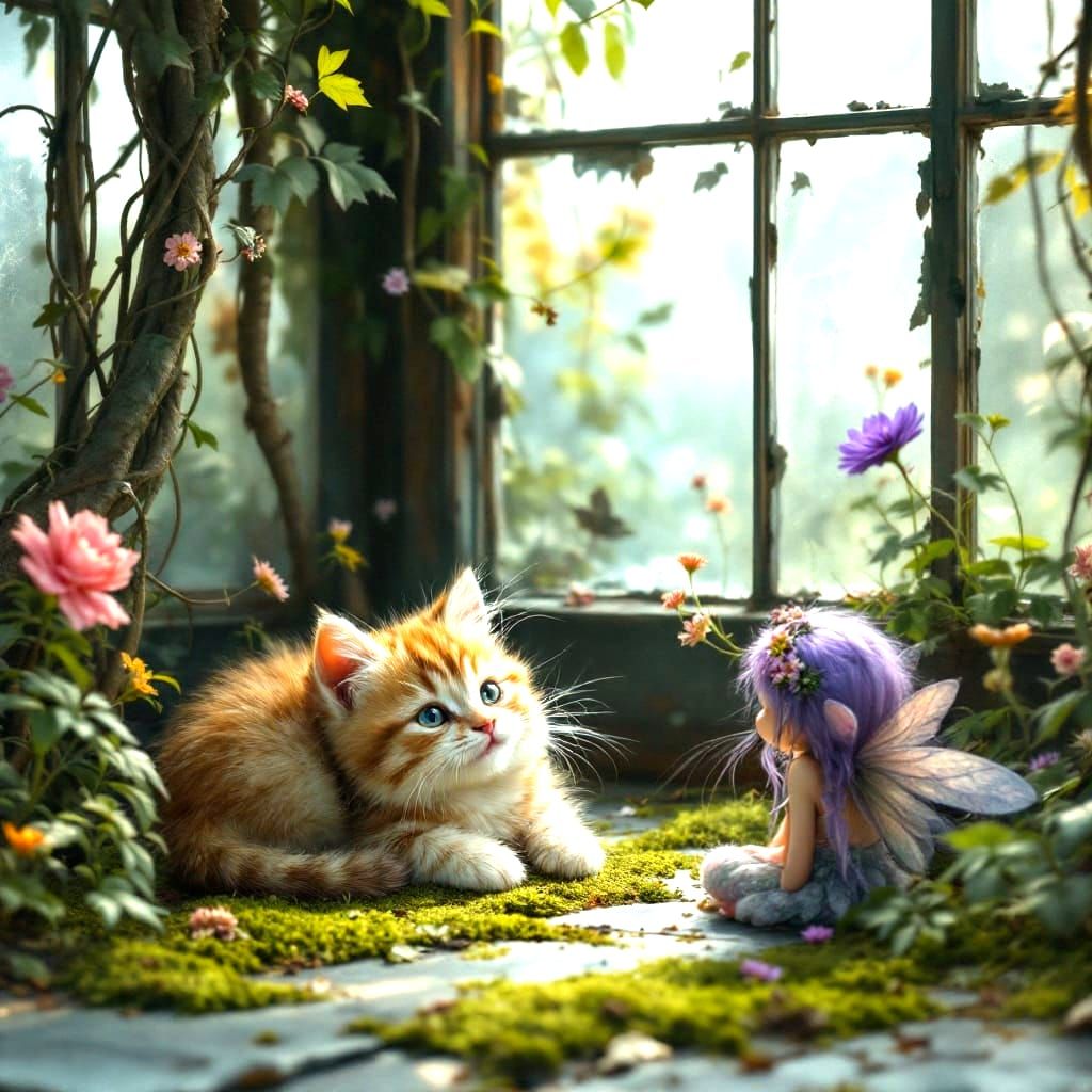 Kitten and Fairy in Overgrown Greenhouse