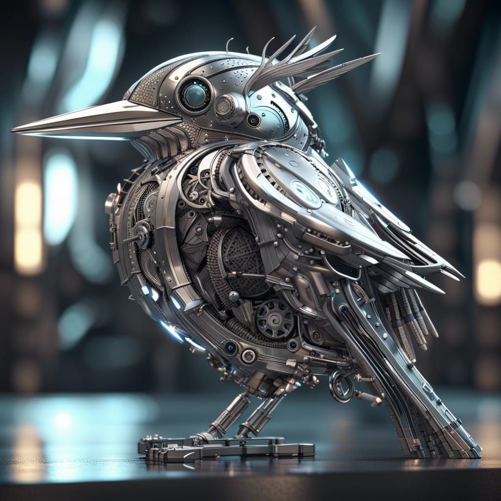 Steampunk Silver Kingfisher with Chrome City Background