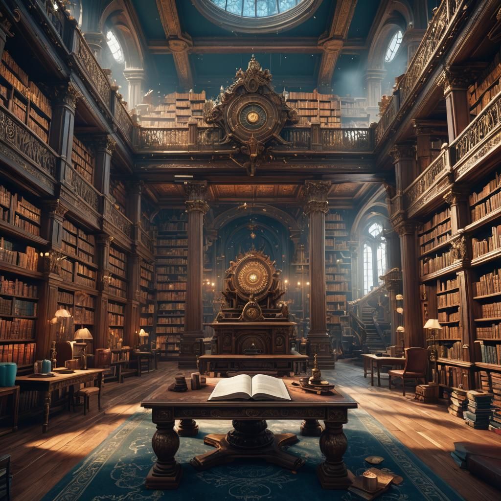 Fantastical Library Scene with Floating Words