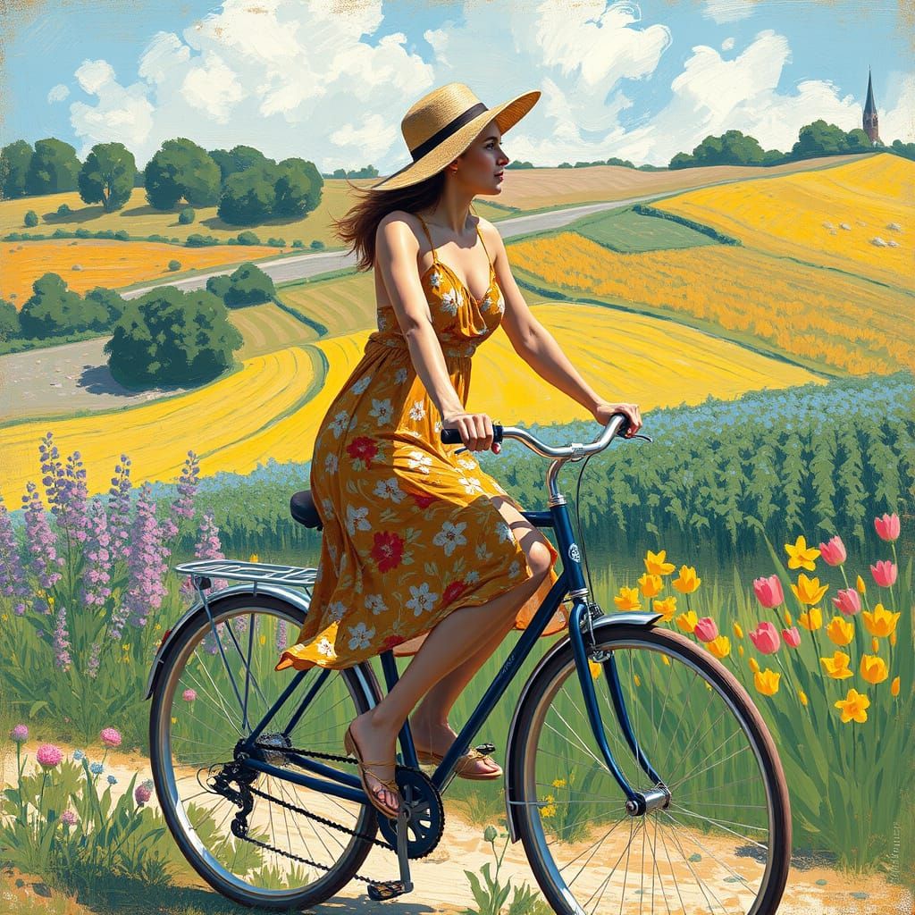 Woman Riding Bicycle in Impressionist Countryside