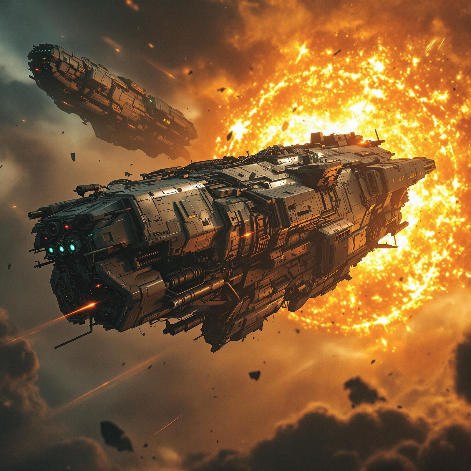 Retro-Futuristic Spaceships Engage in Intense Battle Against...