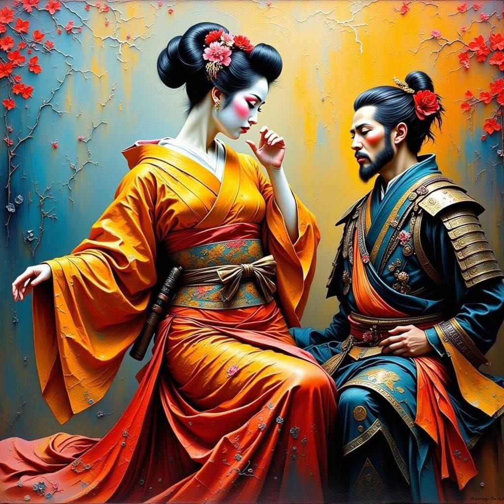 Geisha Dances for Samurai: Impasto Oil Painting
