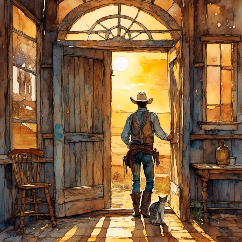 Cowboy and Cat at Sunrise in Saloon