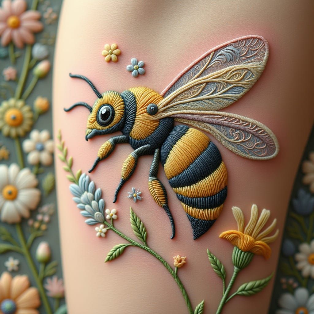 Pastel Embroidery Bee Tattoo with Golden-Yellow and Black Th...