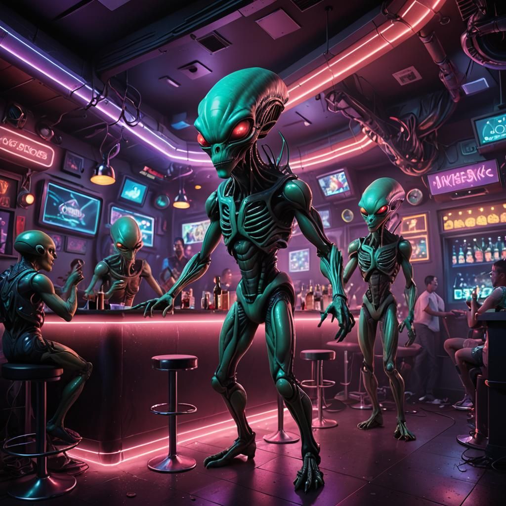 Futuristic Alien Karaoke Bar with Neon Lights