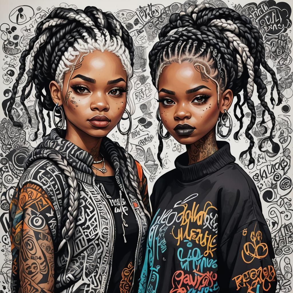 Colorful Ink Sketch of Two Punk Girls