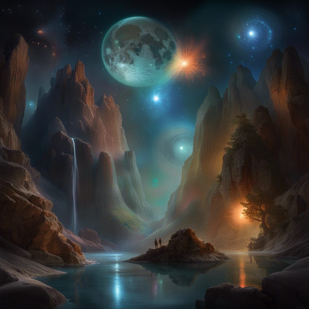 Cosmic Moon Phases Over Multicolored Canyon