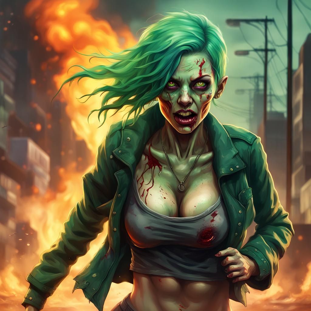 Green-Haired Zombie Girl in Burning City