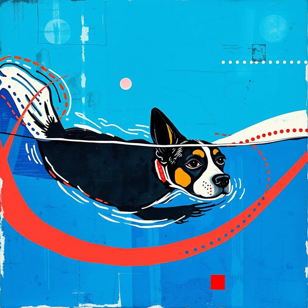 Swimming Dog in Moody Abstract Pool Scene