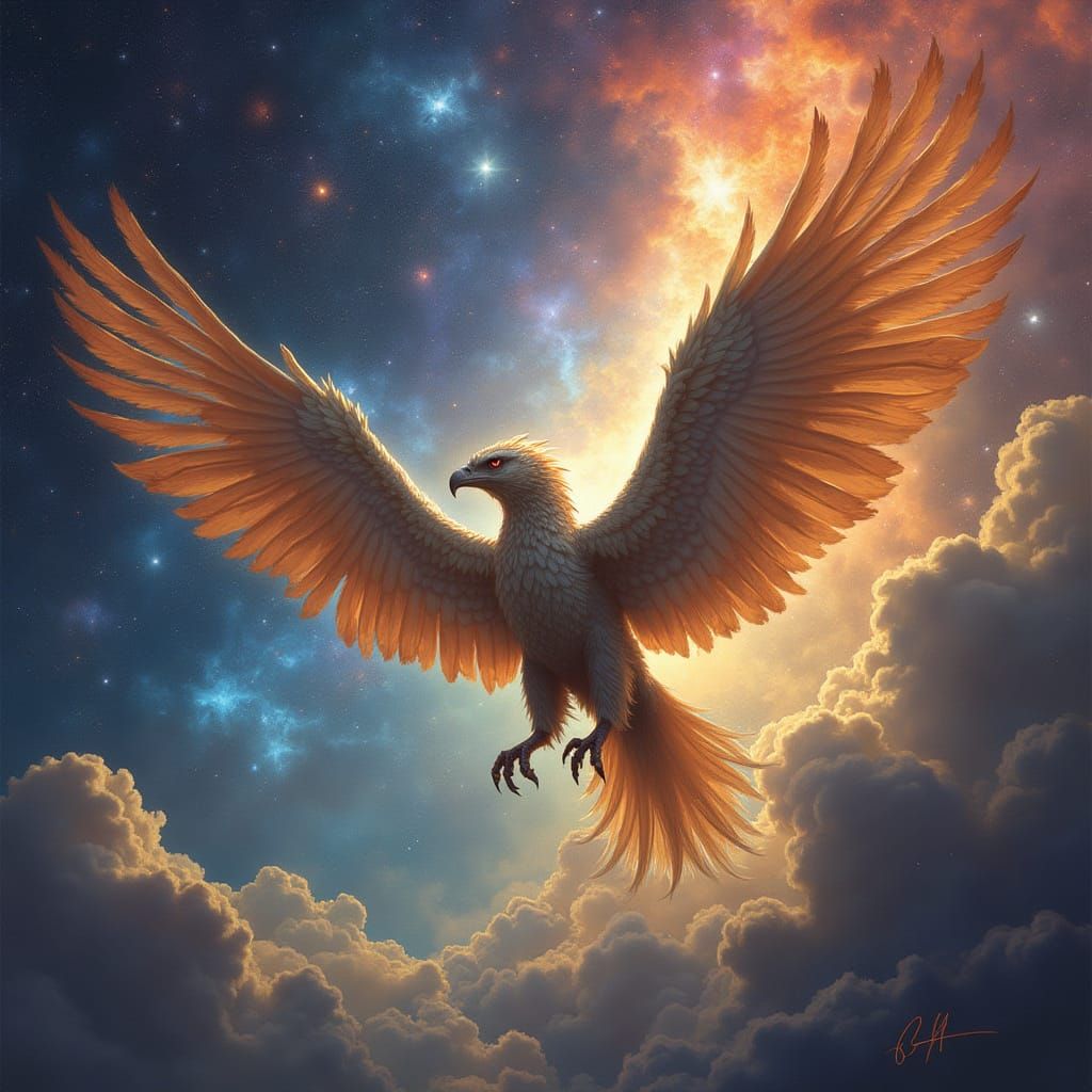 Majestic Griffin Soars Through Cosmic Nebula