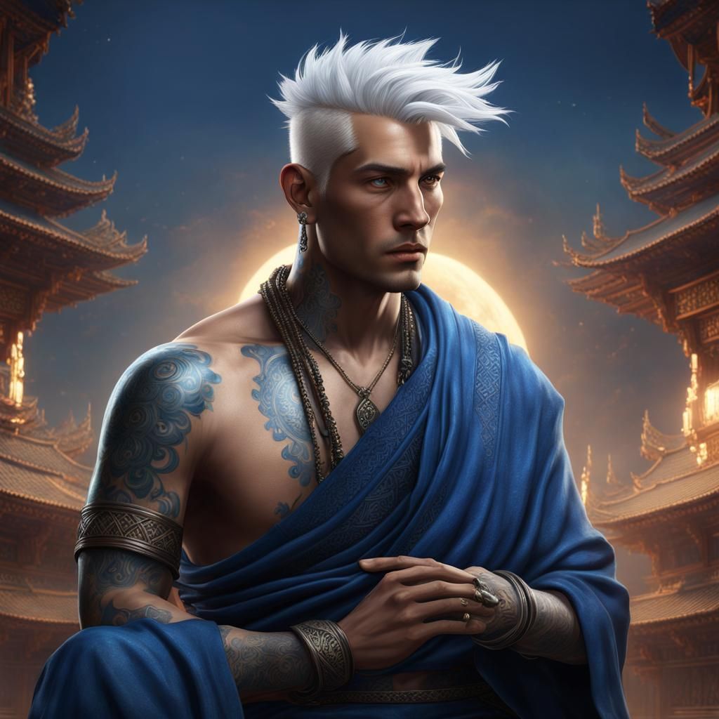 Serene Monk with Blue Tattoos: Fantasy Concept Art