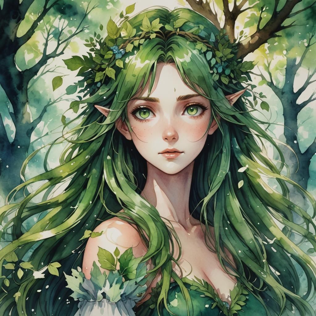 Watercolor Dryad with Long Hair and Green Eyes