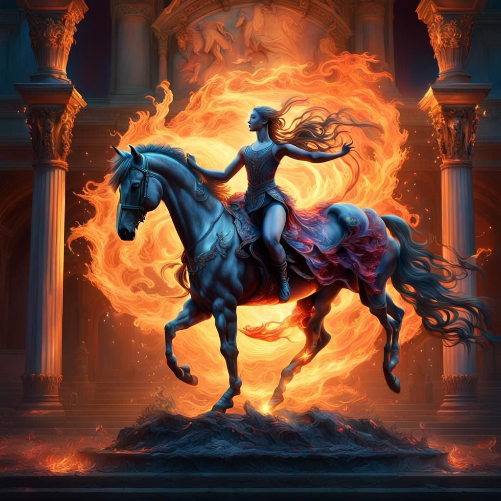 a ballet dancer with a horse, both surrounded by flames,...