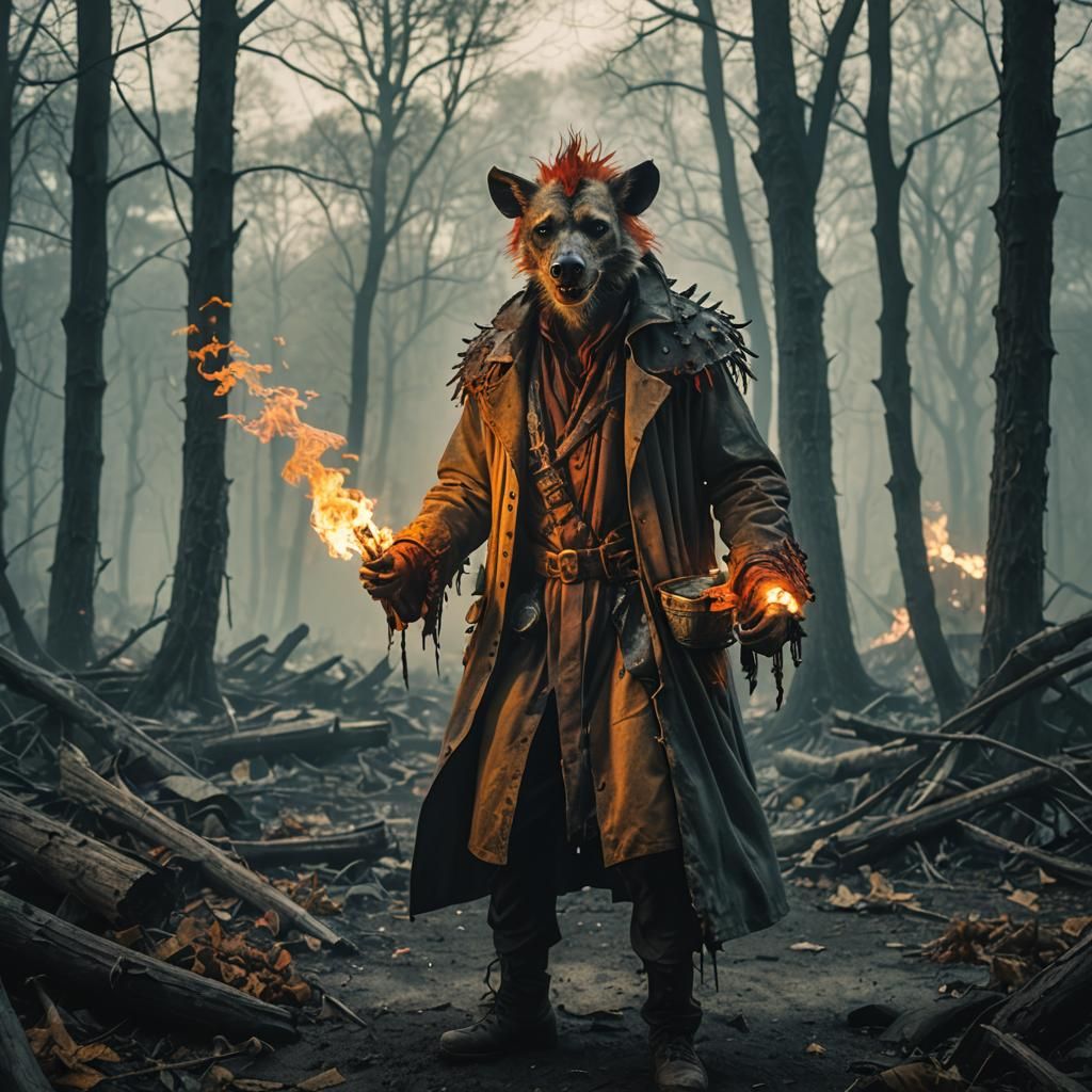 Fiery Hyena-Headed Hermit in Post-Apocalyptic Ruins