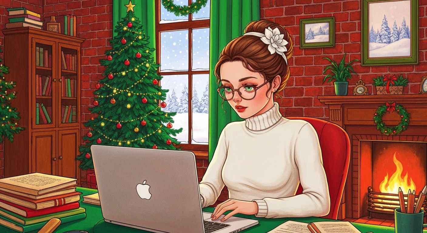 Festive Working Room with Lady and Christmas Tree