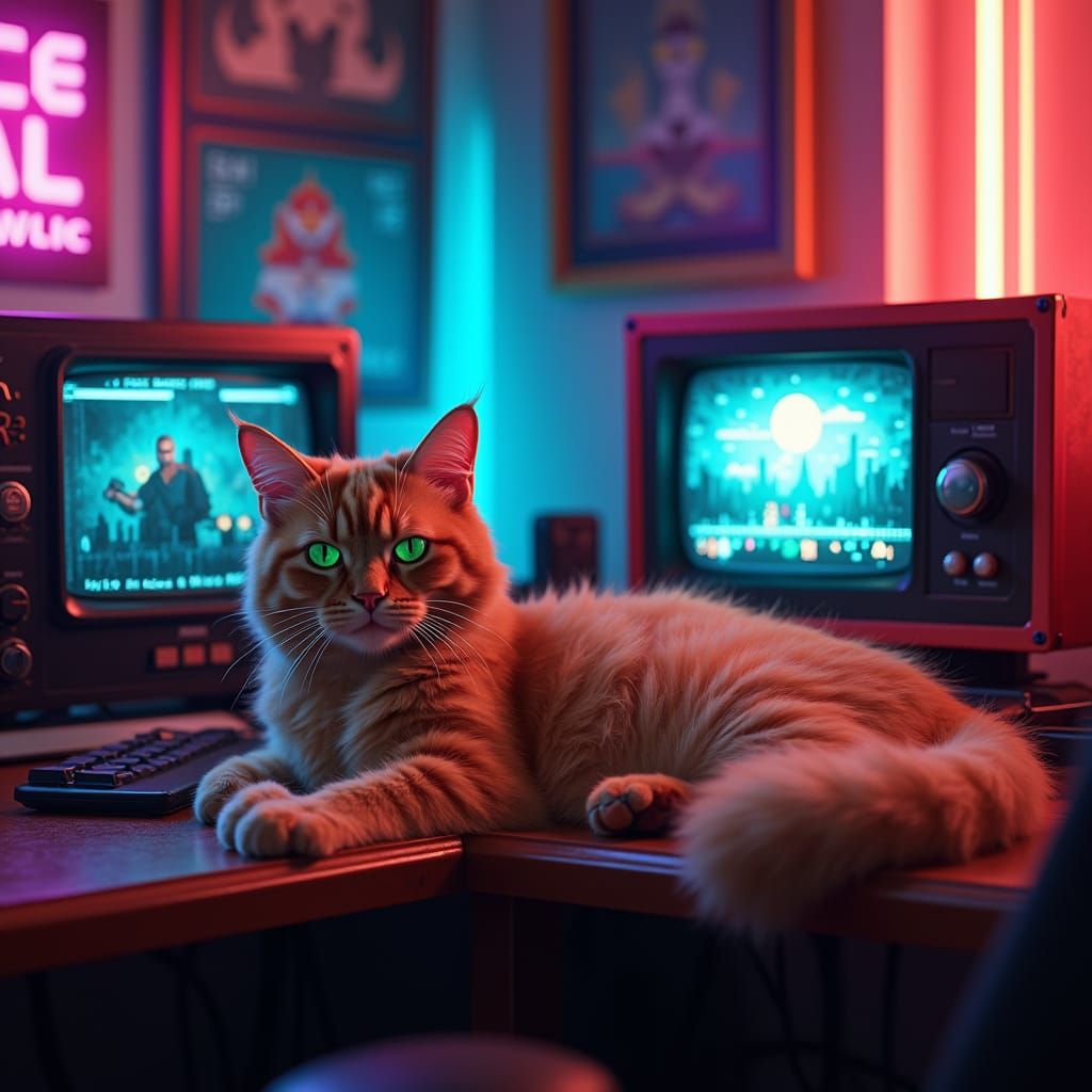 Orange Tabby Cat in 80s Neon Game Room