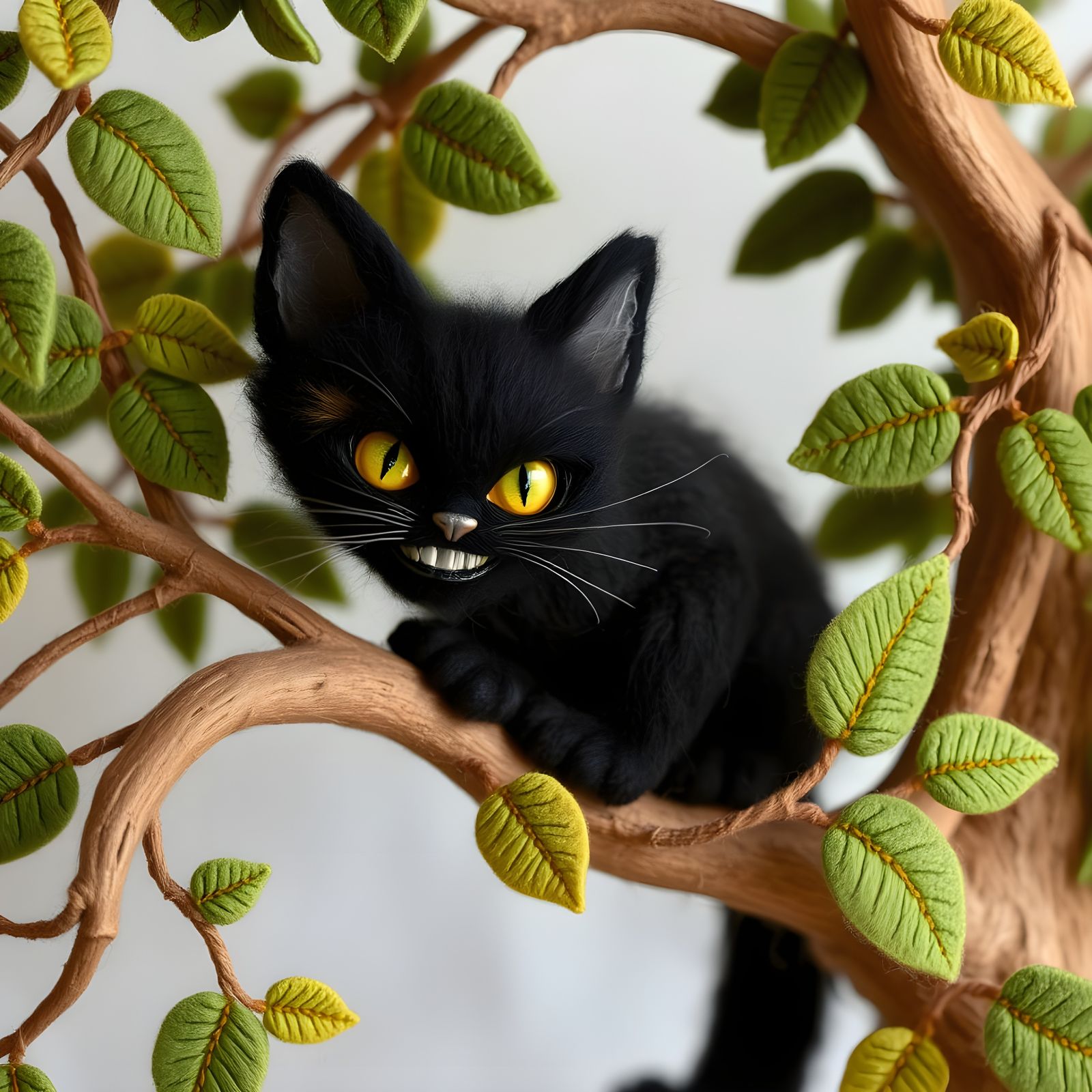 Whimsical Felted Cheshire Cat Sits on Tree Branch with Myste...