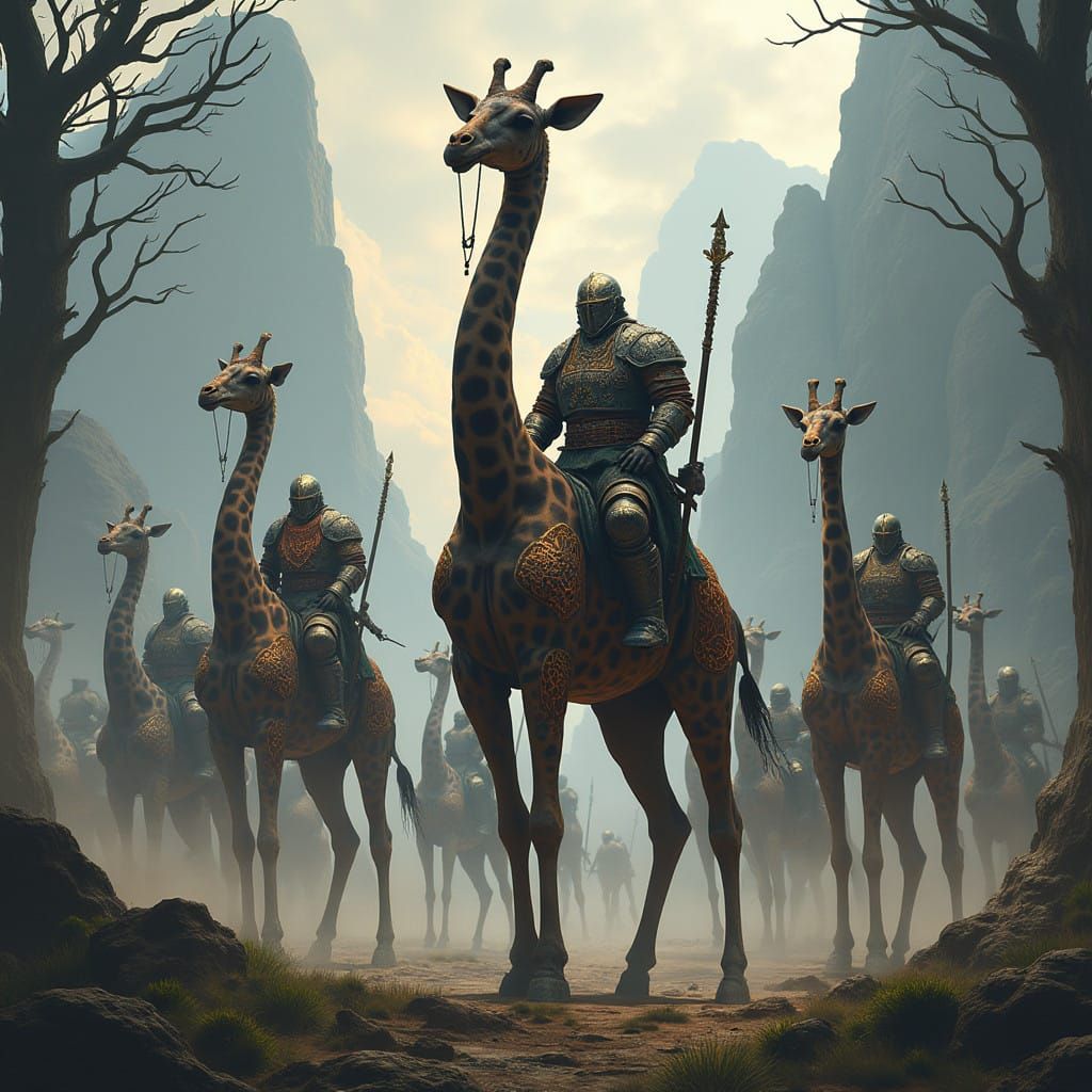 Armored Warriors on Giraffes Ready for Epic Fantasy Battle
