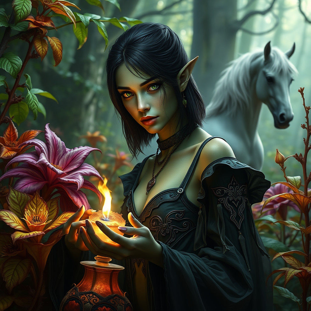 Elven Sorceress Practicing Dark Magic in Forest