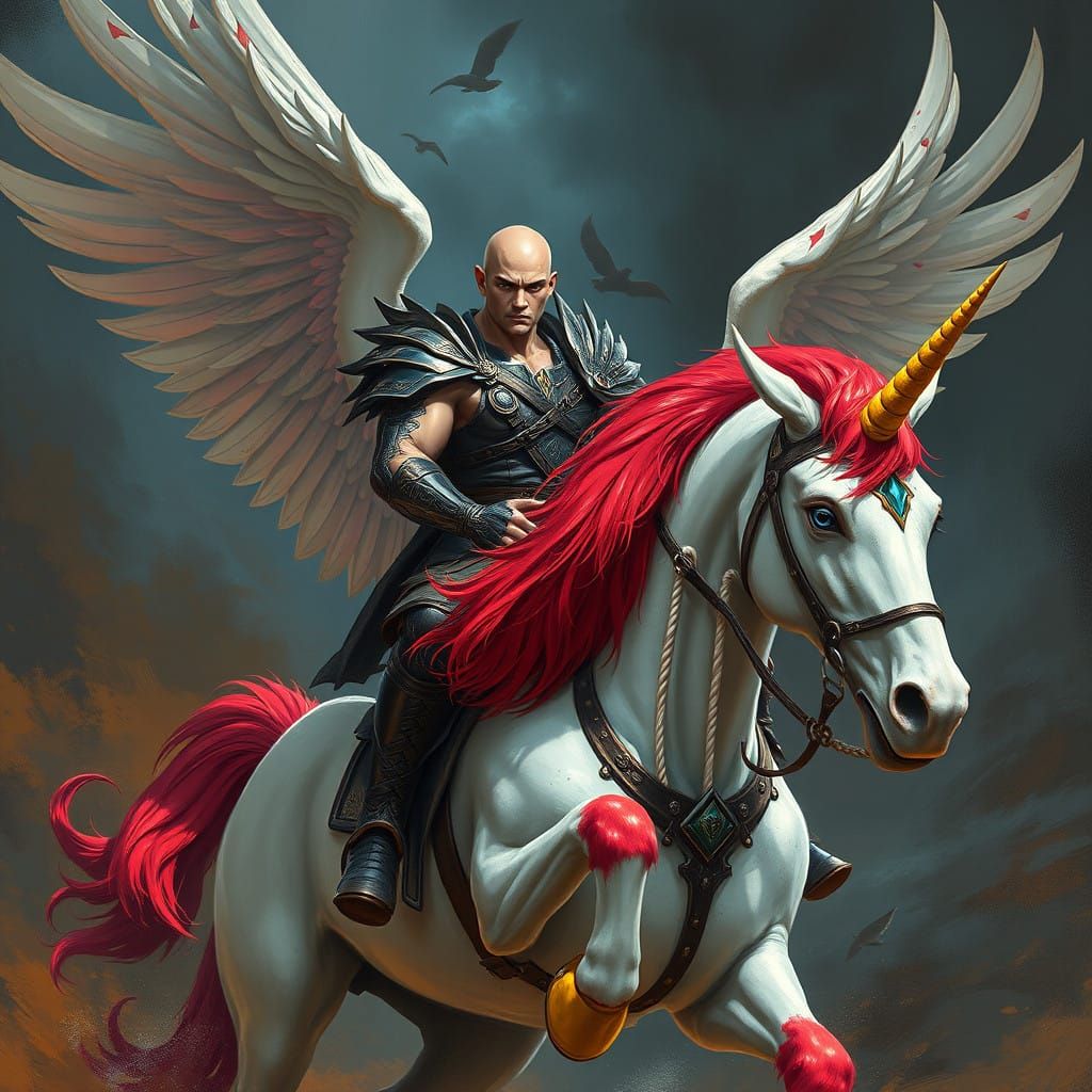 Muscular Warrior Rides Majestic White Winged Unicorn in Hype...