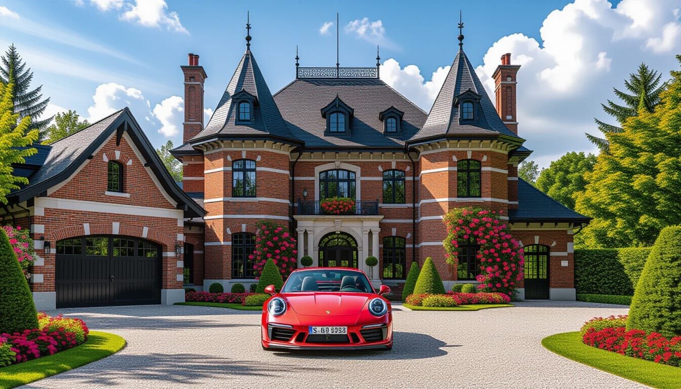 Victorian Chateau with Red Porsche 911