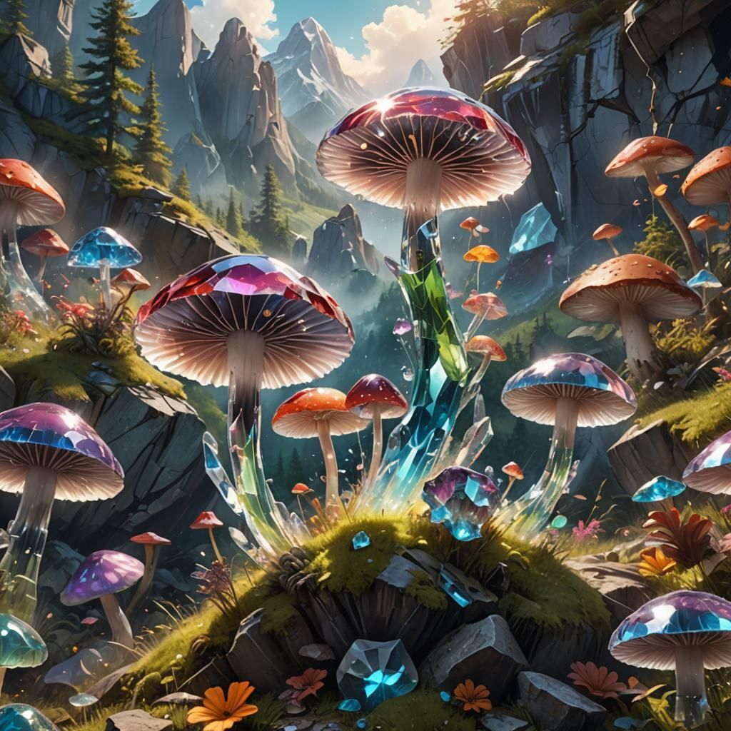 Magical Crystal Mushrooms Exploding in a Valley Paradise
