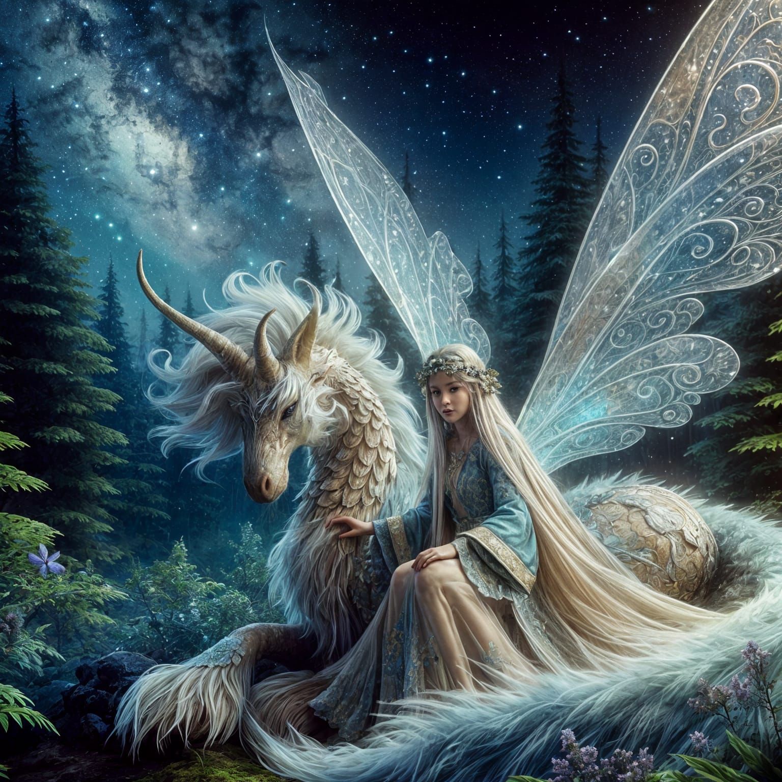 Mystical Woodland Fairy and Chimera Under the Starry Night S...