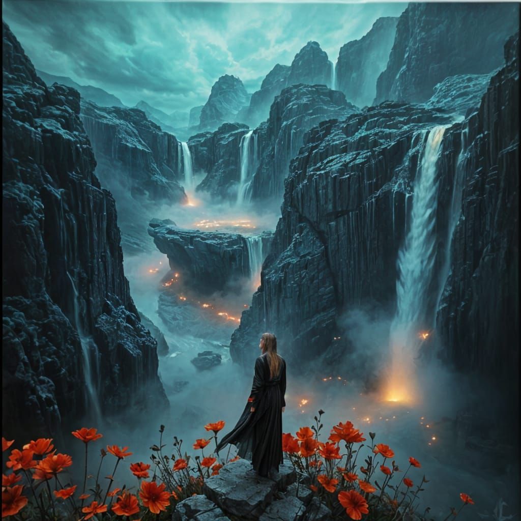 Circuitry Sci-Fi Waterfall at Night in Oil Painting Style