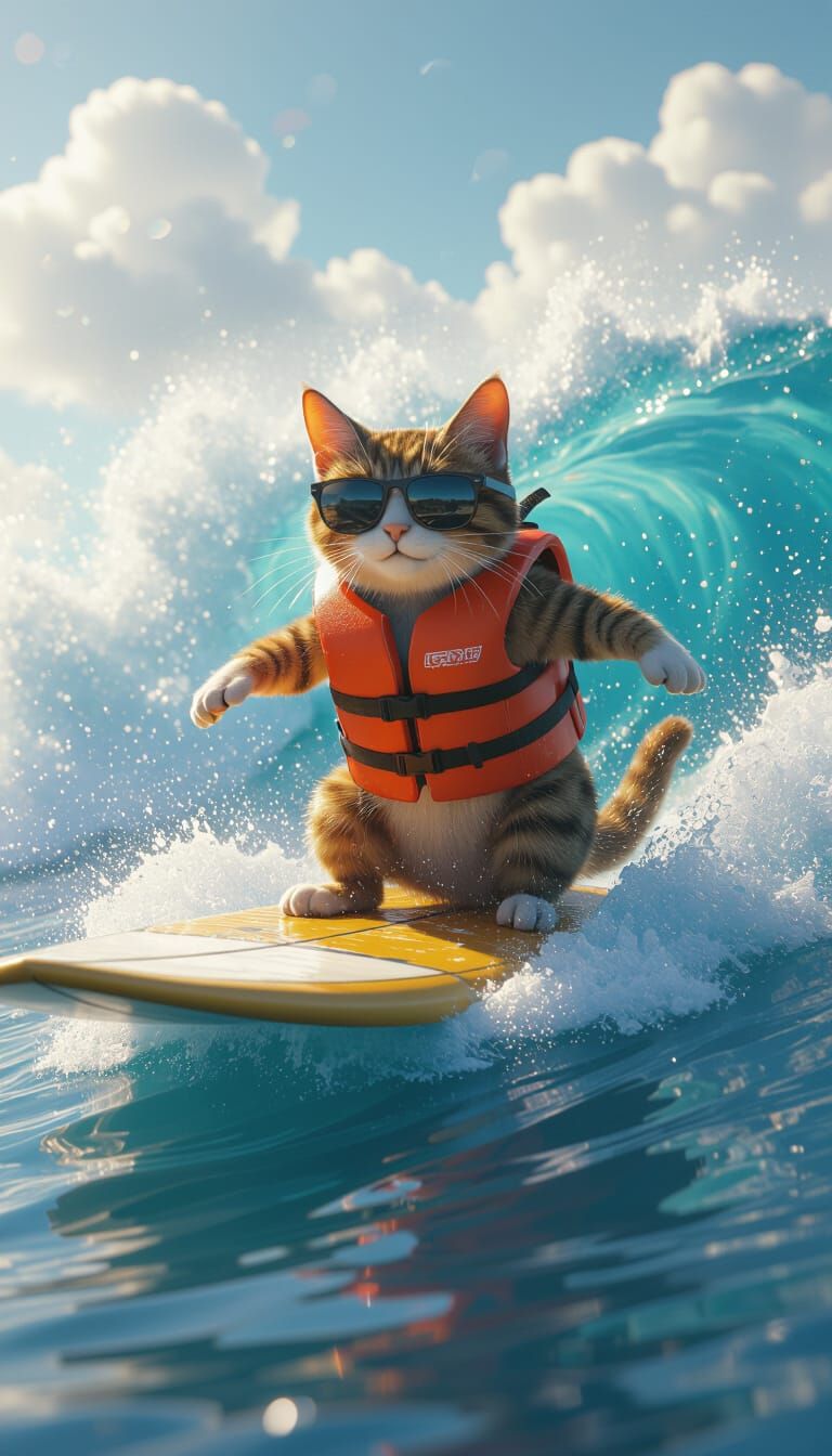 Cat Surfing a Wave in 3D Style