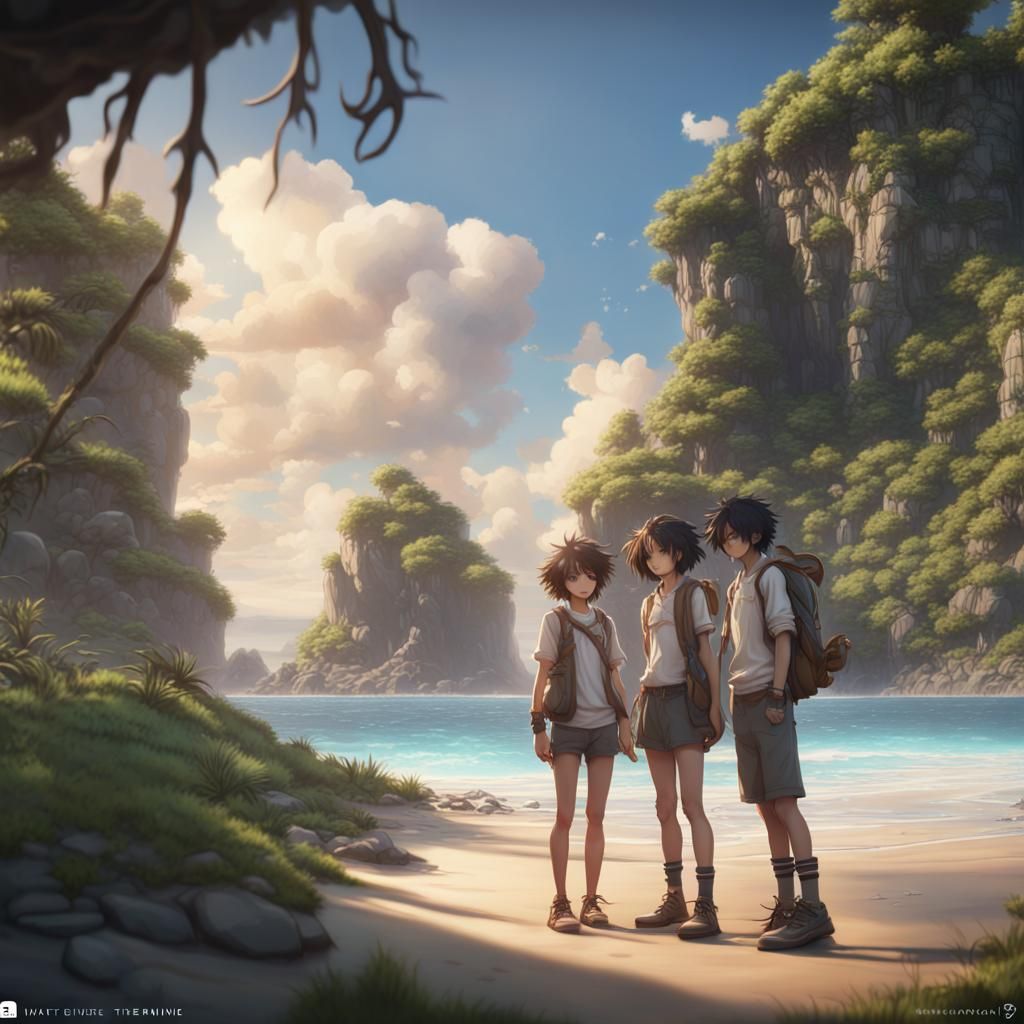 Anime Teens on Island in Detailed Matte Painting