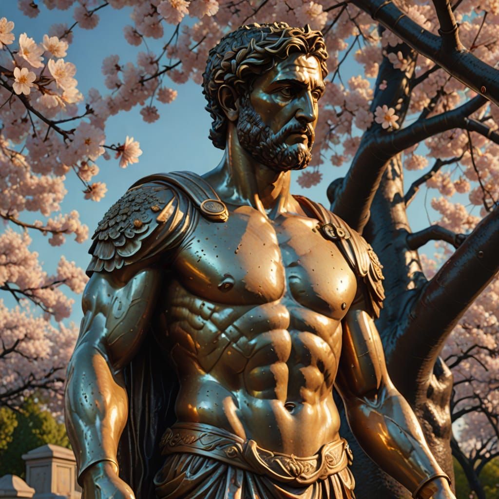 Greek Statue Amidst Vibrant Cherry Blossoms in Hyper-Realist...