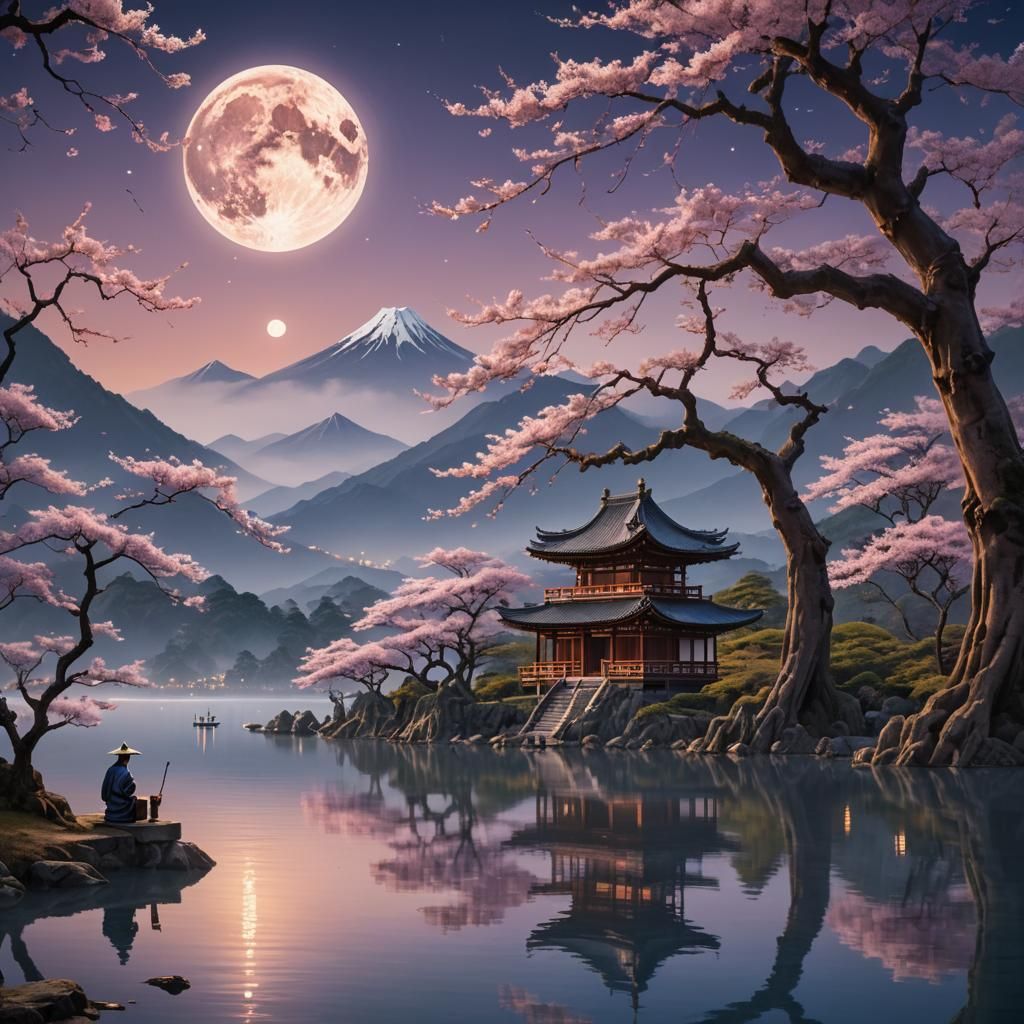 Sakura Tree by Lake with Mountains in Digital Painting