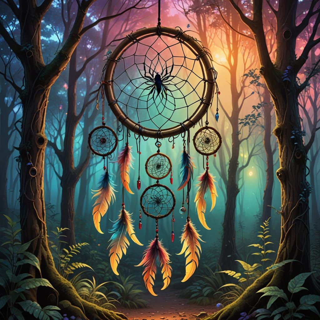 Mystical Dreamcatcher with Feathers and Spiders in Forest