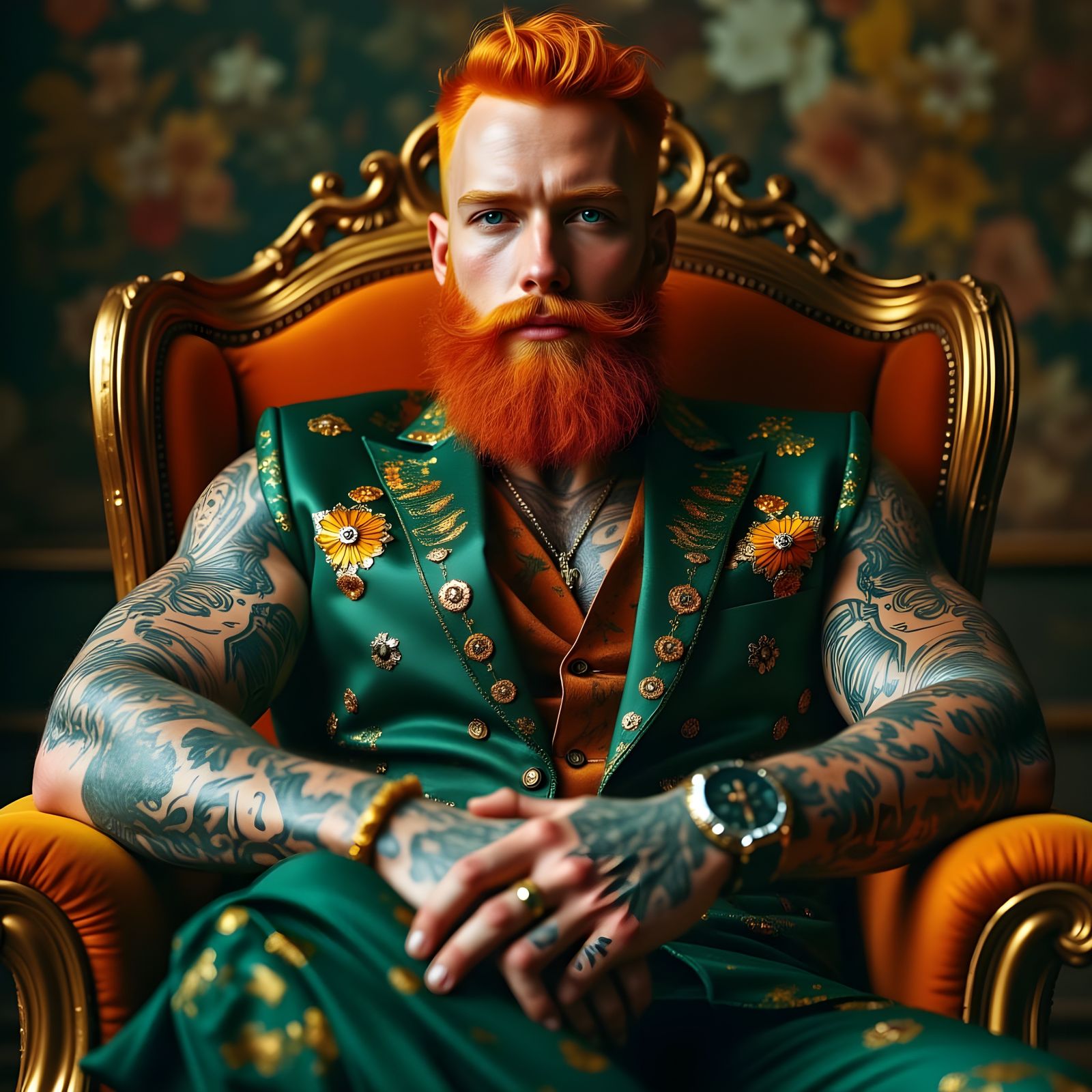 Tattooed Man in Green Suit as Photorealistic Art