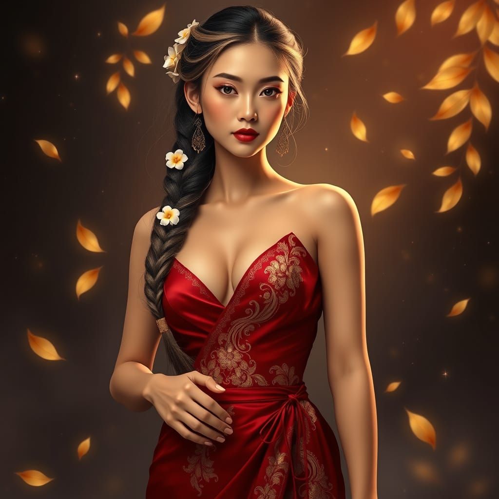 Burmese Woman in Silk Longyi with Jasmine Braid