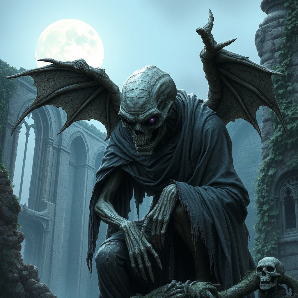 A forlorn ghoul, bathed in the sickly pale light of a gibbous moon, hunches amidst the splintered remains of a cathedral...