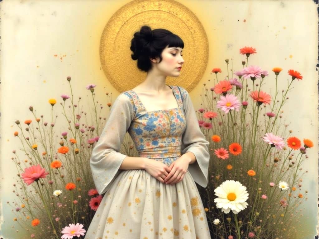 Woman with Floral Background in Klimt Style