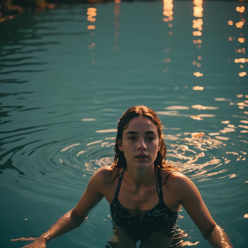 Girl Swimming in Neon Lake: Cinematic Film Still